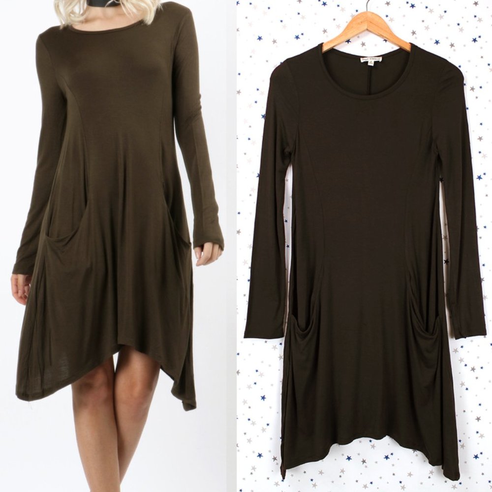 Olive Princess Seam Tunic Dress w/ Pockets